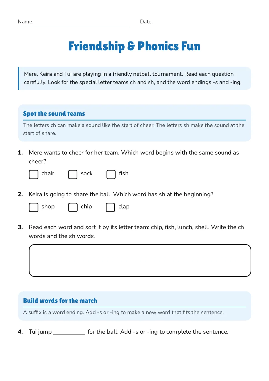 Friendship & Phonics Fun, page 1 of 3: Spot the sound teams, Build words for the match
