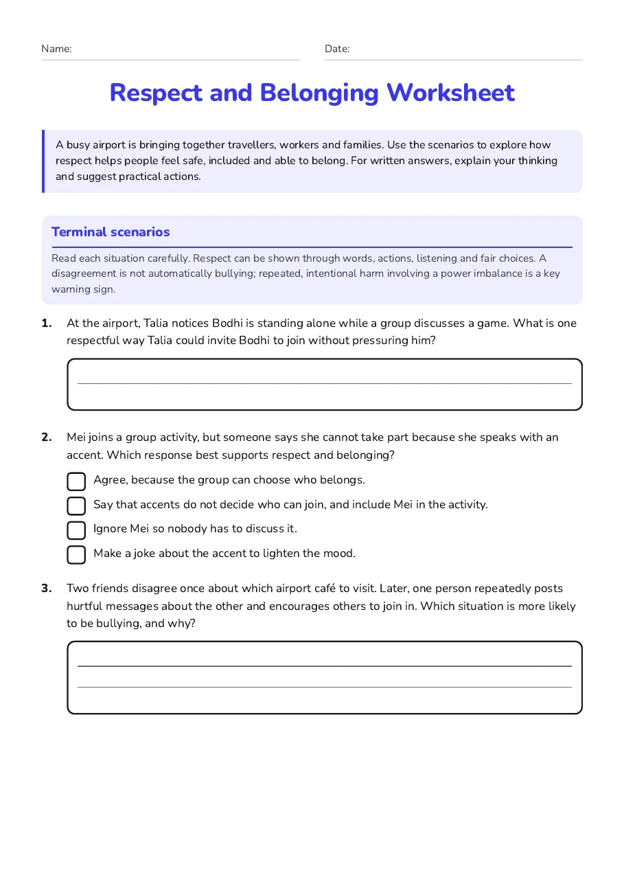 Respect and Belonging Worksheet, page 1 of 3: Terminal scenarios