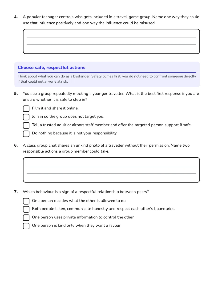 Respect and Belonging Worksheet, page 2 of 3: Choose safe, respectful actions