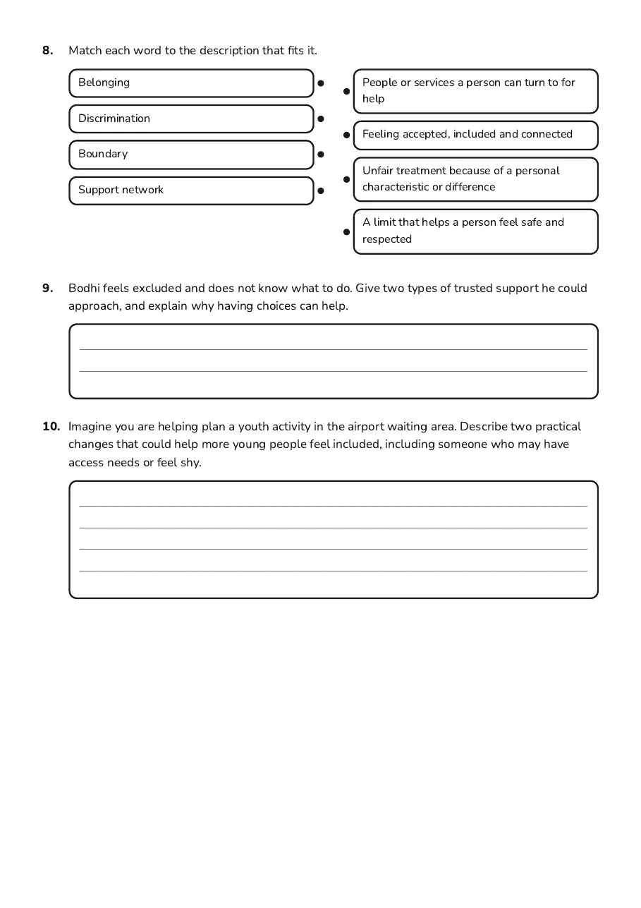 Respect and Belonging Worksheet, page 3 of 3: 8. Match each word to the description that fits it.