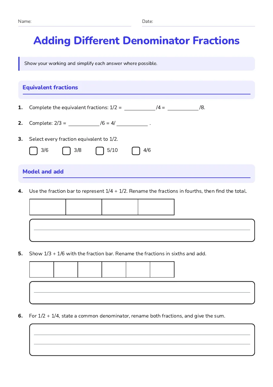 Adding Different Denominator Fractions, page 1 of 3: Equivalent fractions, Model and add