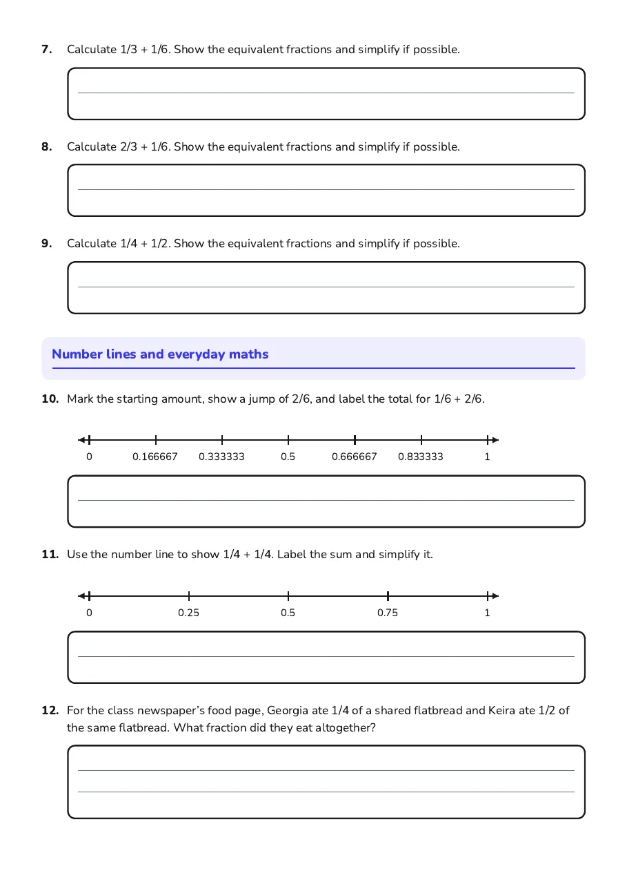 Adding Different Denominator Fractions, page 2 of 3: Number lines and everyday maths