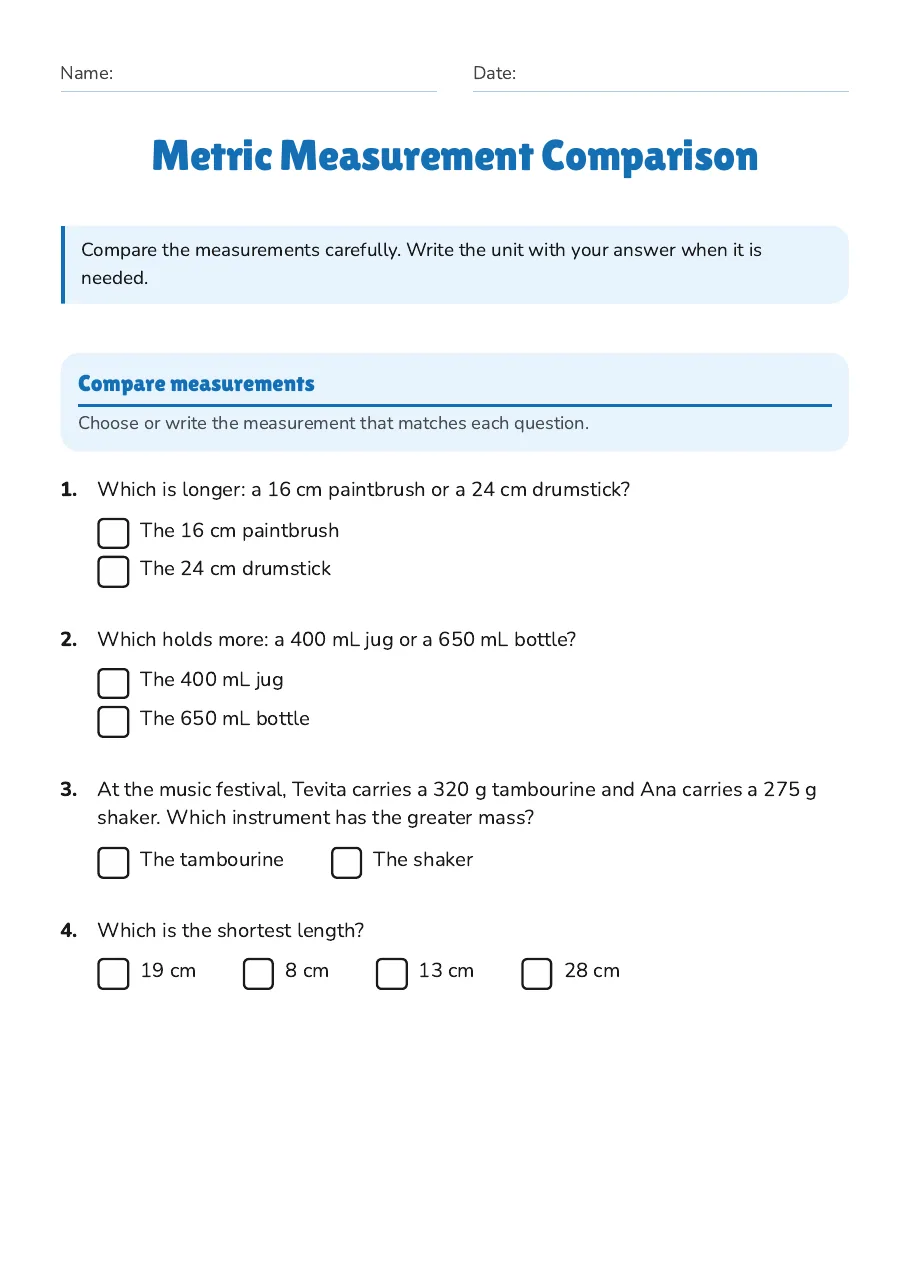 Metric Measurement Comparison, page 1 of 3: Compare measurements