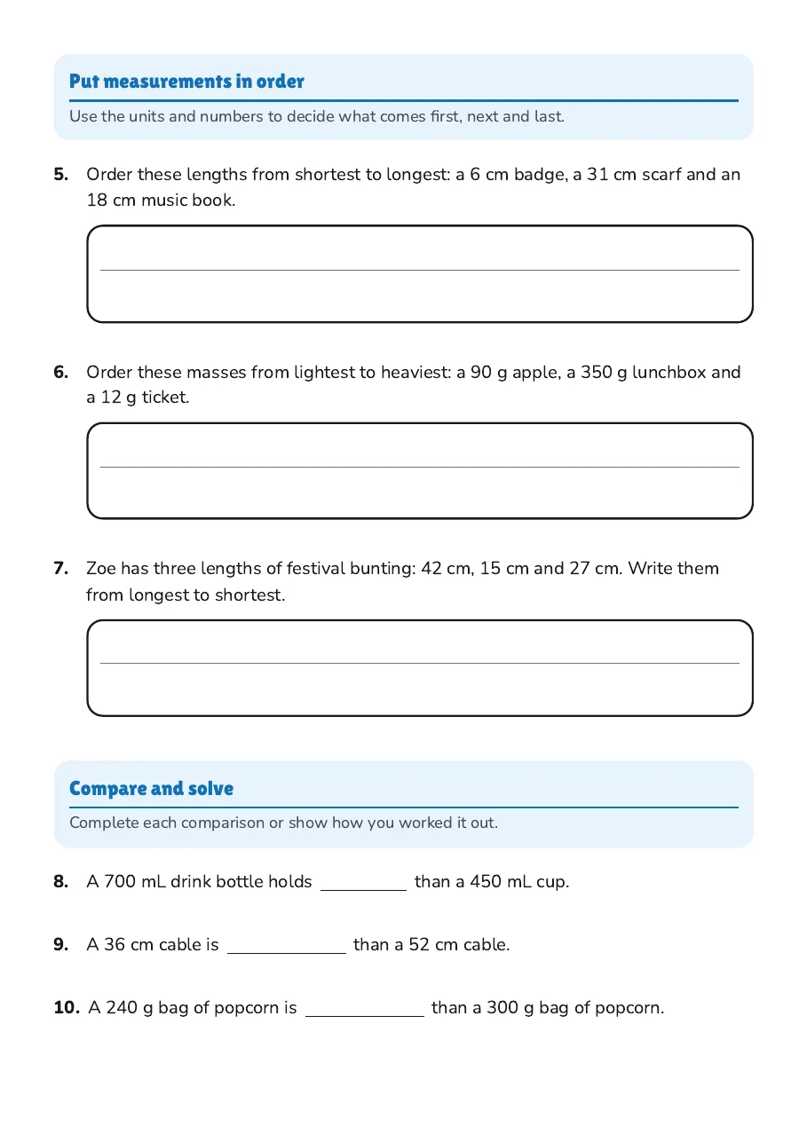 Metric Measurement Comparison, page 2 of 3: Put measurements in order, Compare and solve