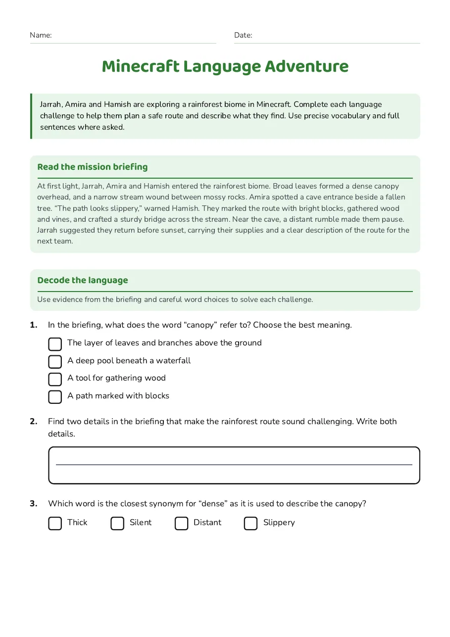 Minecraft Language Adventure, page 1 of 3: Read the mission briefing, Decode the language