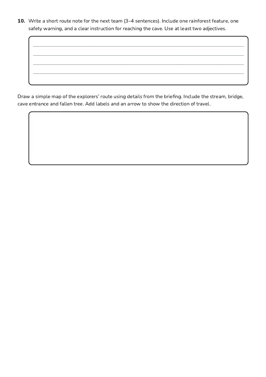 Minecraft Language Adventure, page 3 of 3: 10. Write a short route note for the next team (3–4 sentences). Include one rainforest…