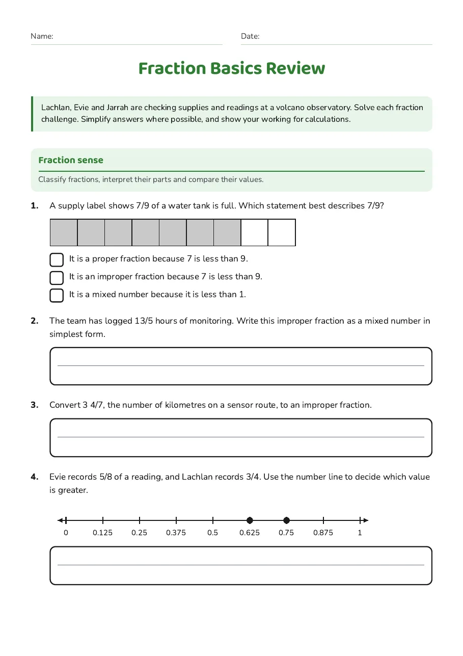 Fraction Basics Review, page 1 of 3: Fraction sense