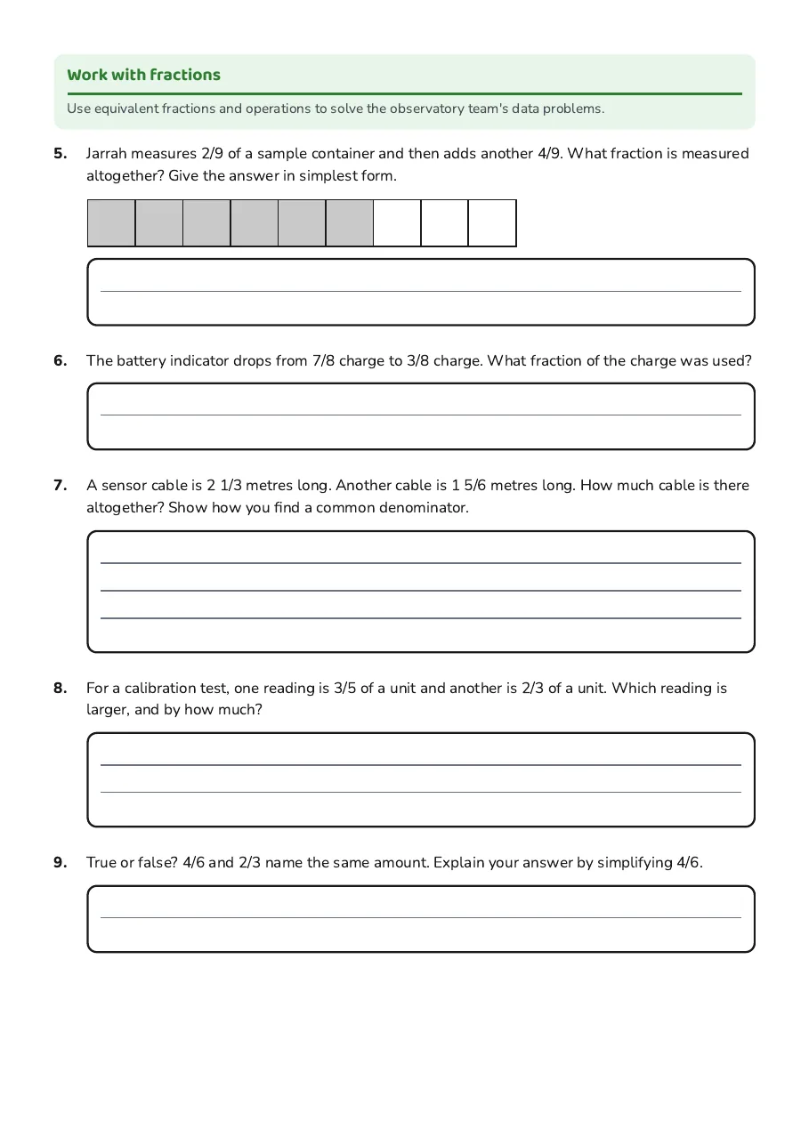 Fraction Basics Review, page 2 of 3: Work with fractions