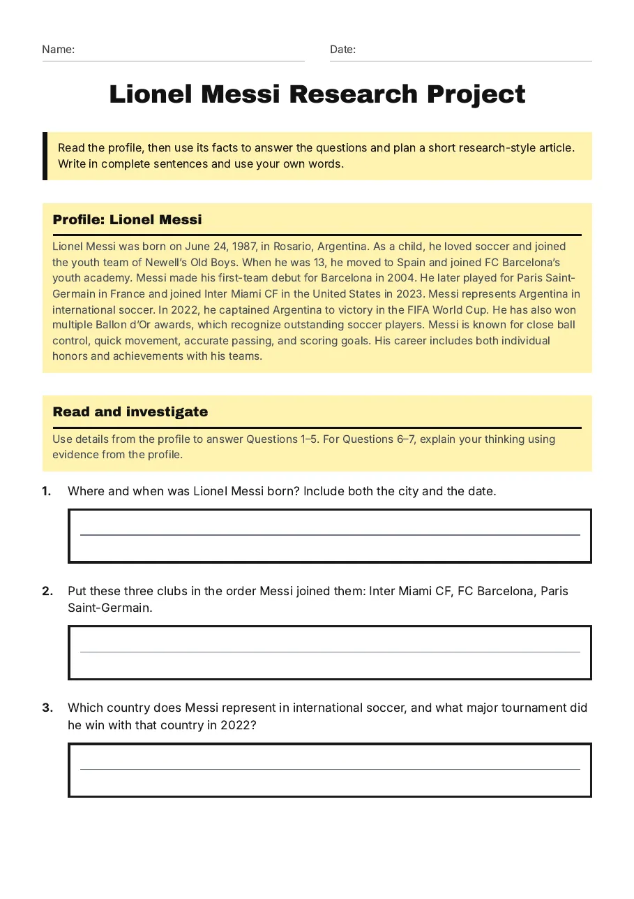 Lionel Messi Research Project, page 1 of 3: Profile: Lionel Messi, Read and investigate