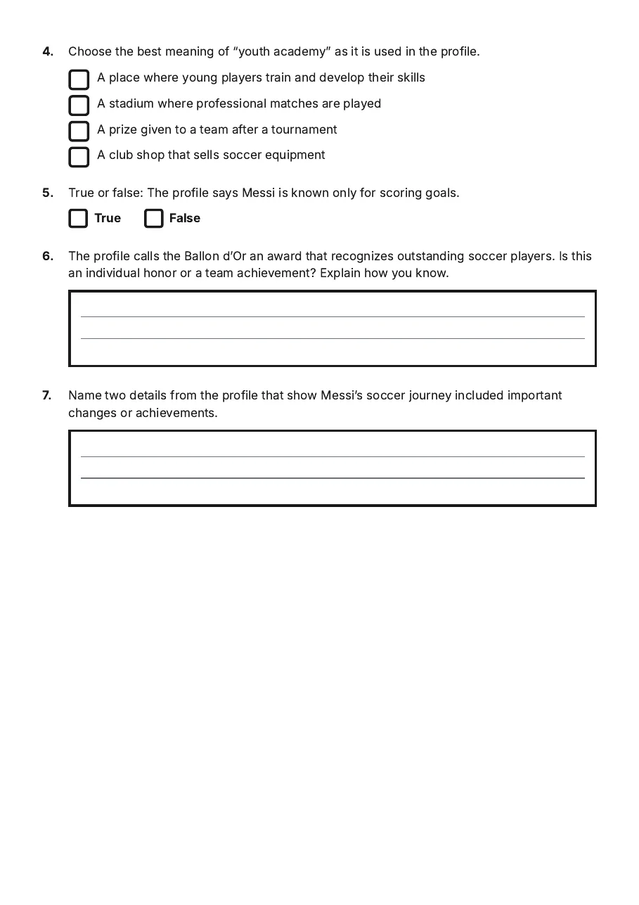 Lionel Messi Research Project, page 2 of 3: 4. Choose the best meaning of “youth academy” as it is used in the profile.