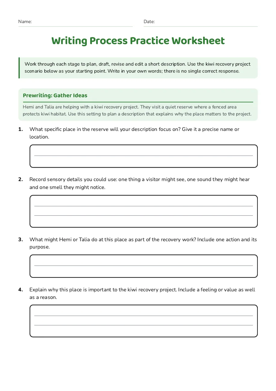 Writing Process Practice Worksheet, page 1 of 3: Prewriting: Gather Ideas