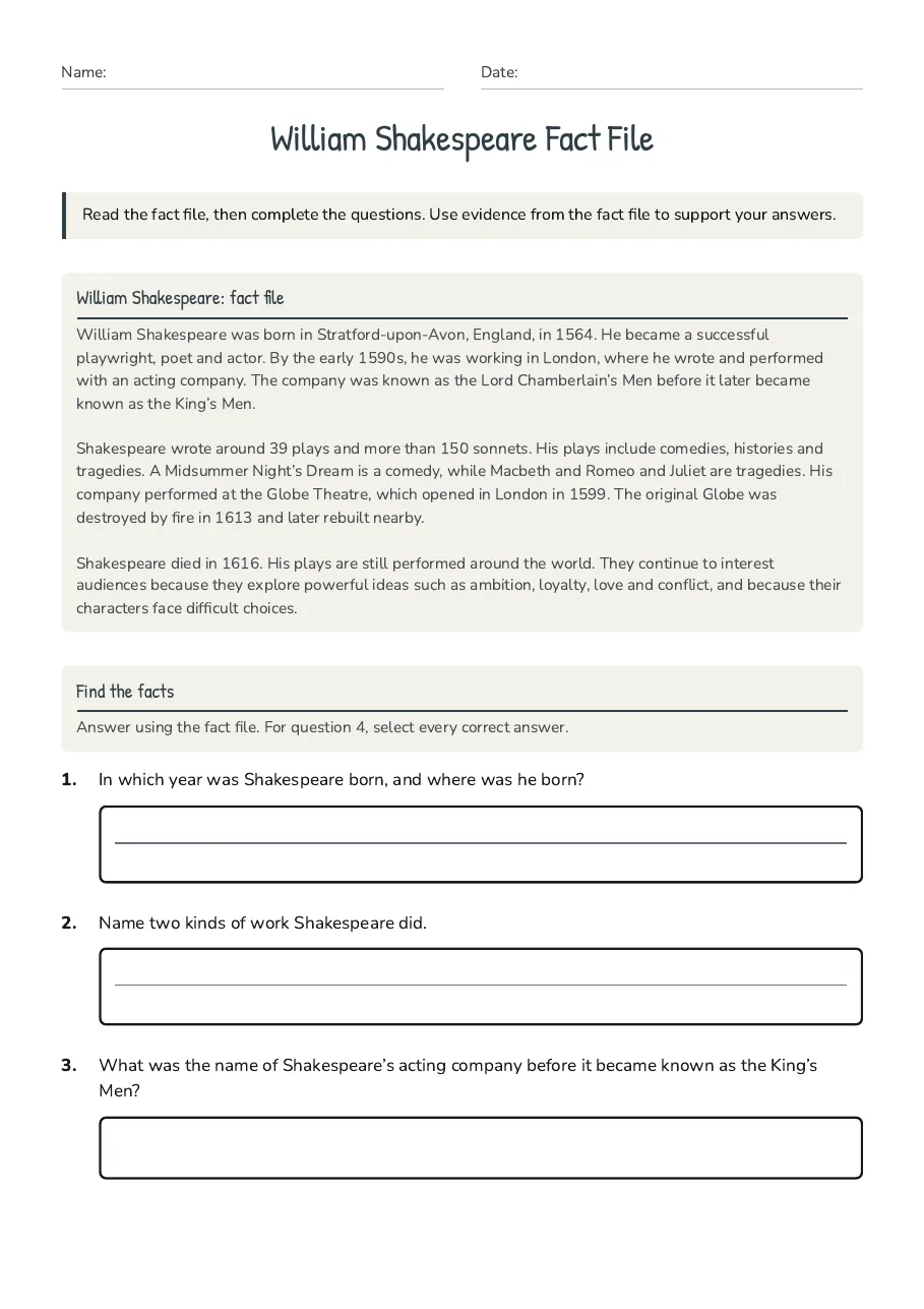 William Shakespeare Fact File, page 1 of 3: William Shakespeare: fact file, Find the facts