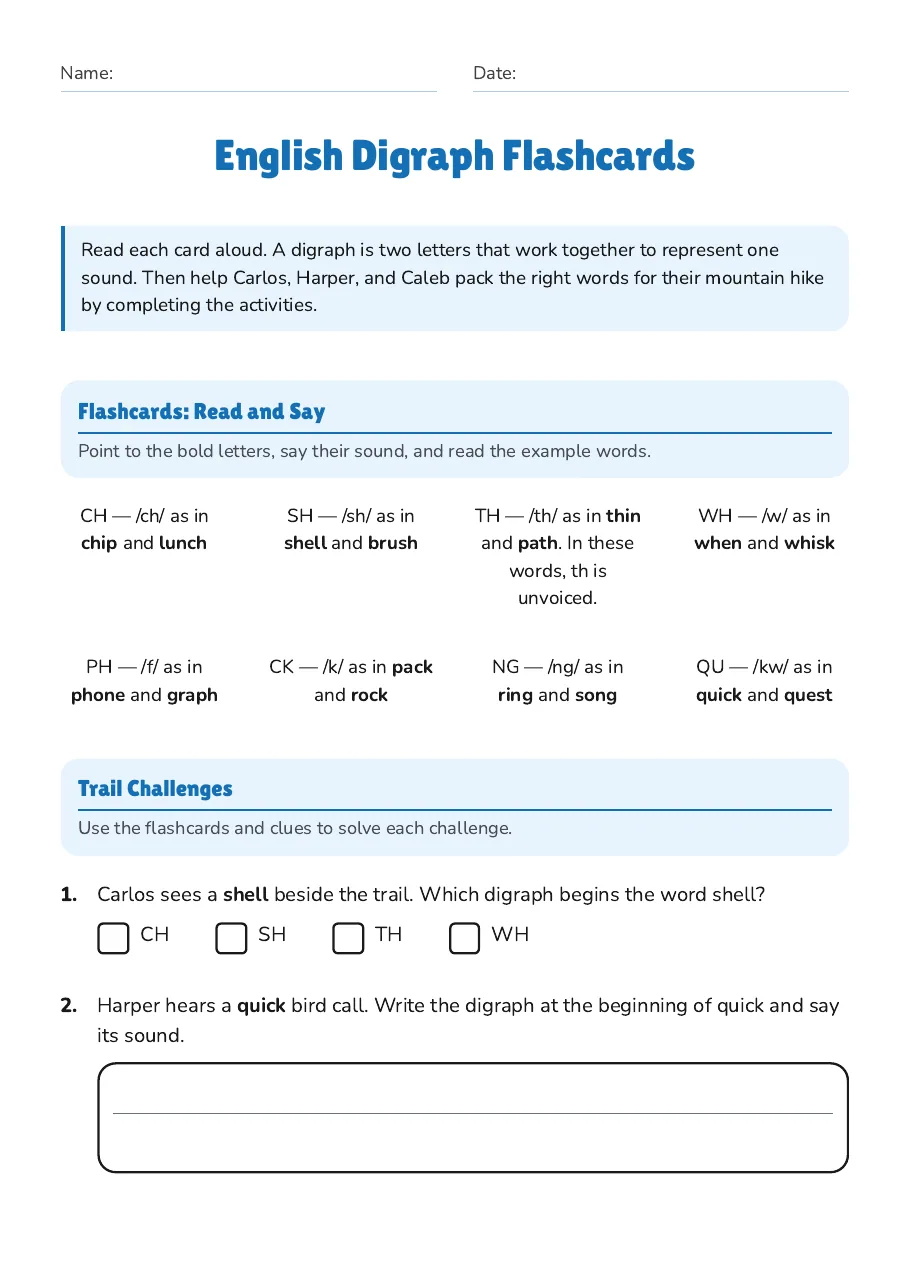 English Digraph Flashcards, page 1 of 3: Flashcards: Read and Say, Trail Challenges