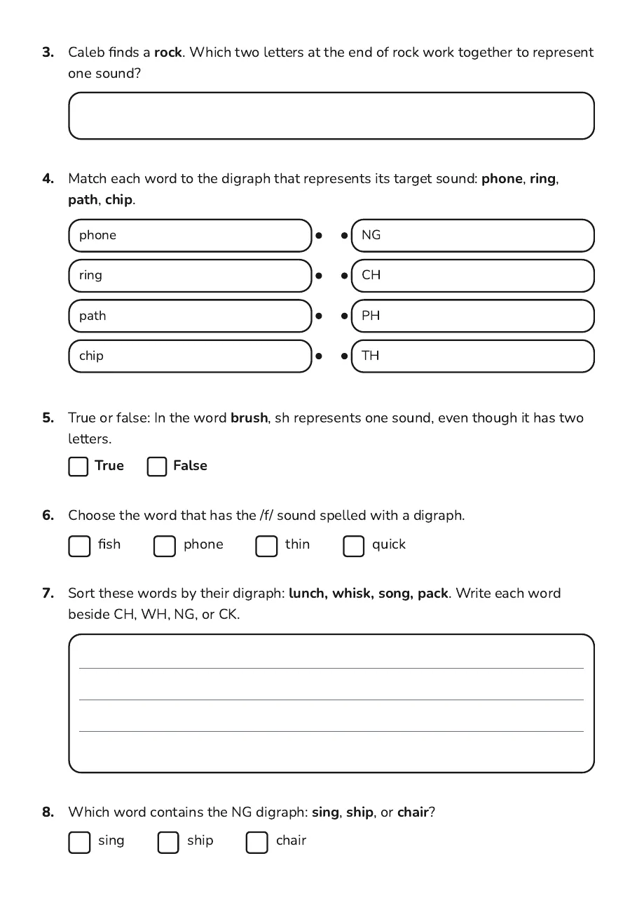 English Digraph Flashcards, page 2 of 3: 3. Caleb finds a rock. Which two letters at the end of rock work together to represent