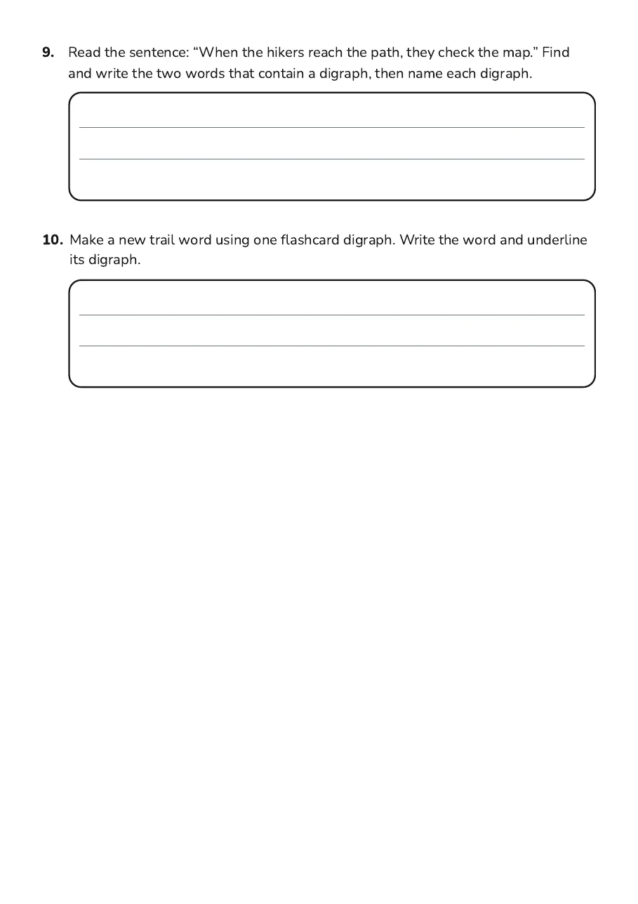 English Digraph Flashcards, page 3 of 3: 9. Read the sentence: “When the hikers reach the path, they check the map.” Find