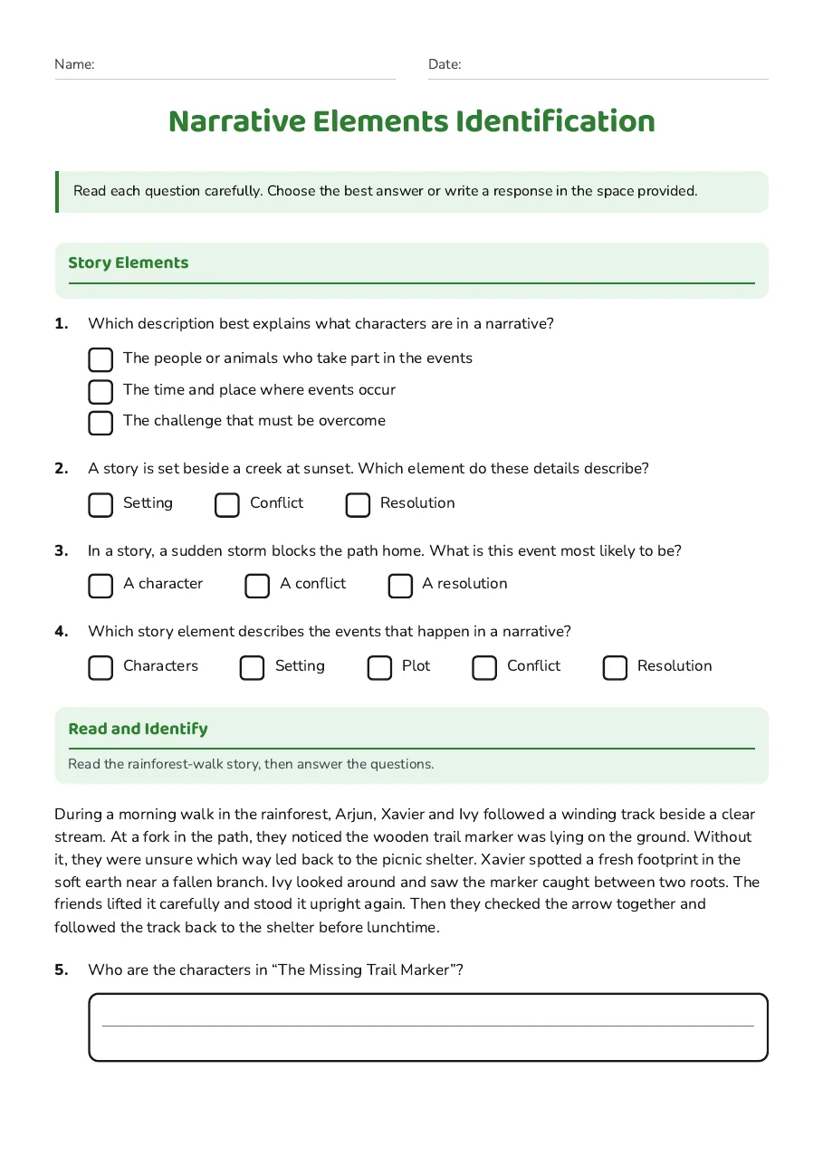 Narrative Elements Identification, page 1 of 2: Story Elements, Read and Identify