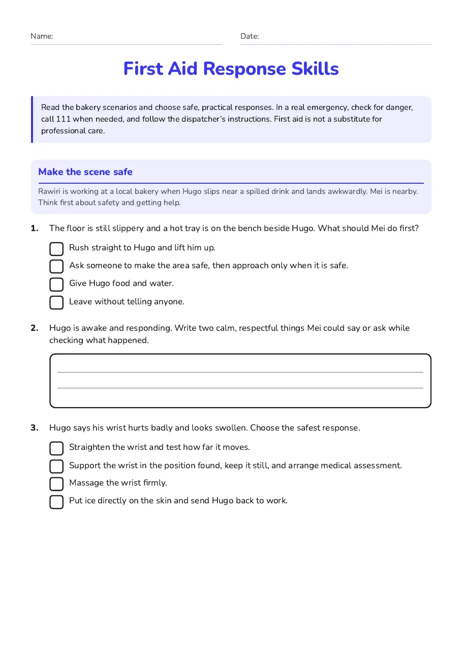 First Aid Response Skills, page 1 of 3: Make the scene safe