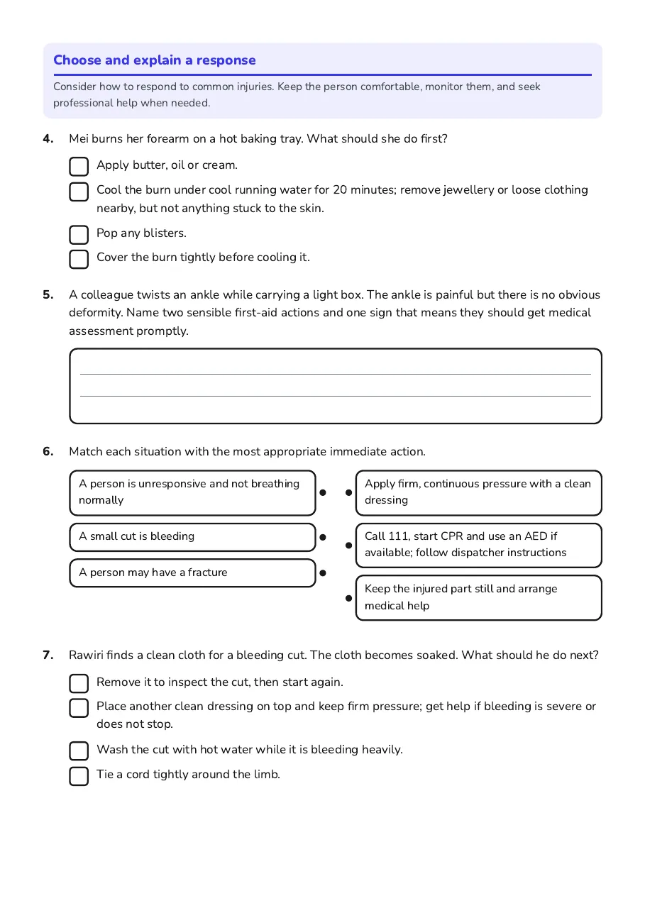 First Aid Response Skills, page 2 of 3: Choose and explain a response