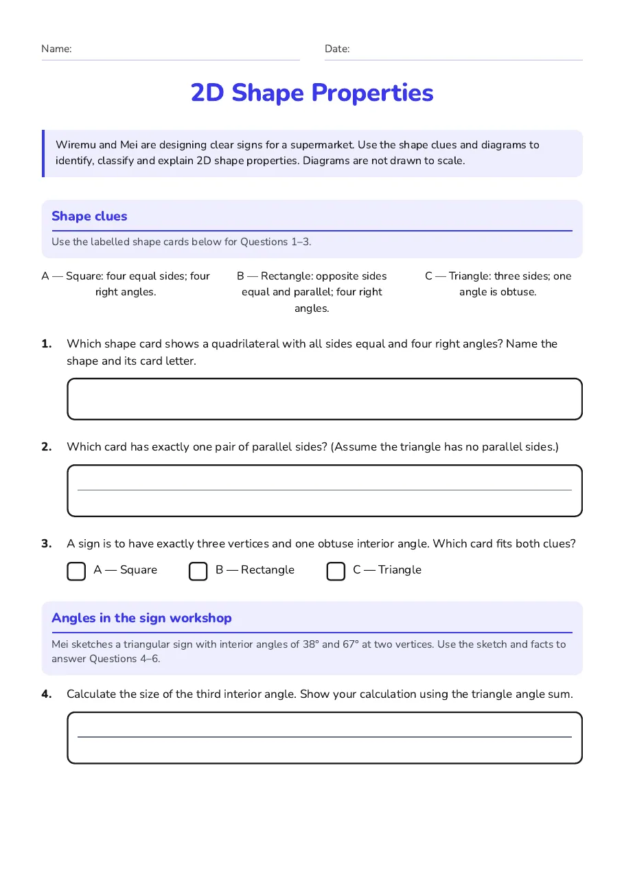2D Shape Properties, page 1 of 2: Shape clues, Angles in the sign workshop