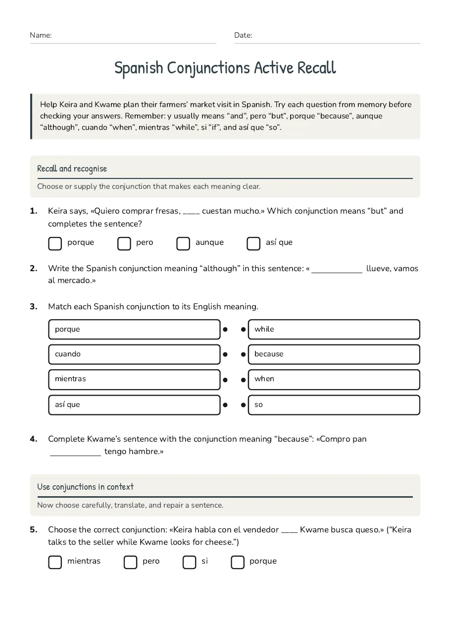 Spanish Conjunctions Active Recall, page 1 of 2: Recall and recognise, Use conjunctions in context