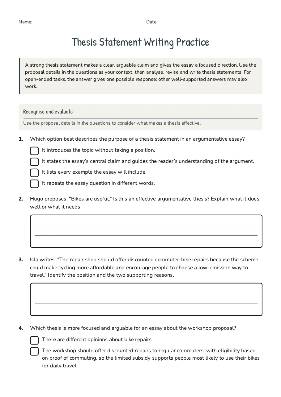 Thesis Statement Writing Practice, page 1 of 3: Recognise and evaluate
