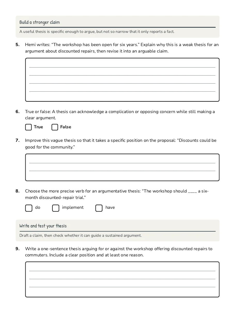 Thesis Statement Writing Practice, page 2 of 3: Build a stronger claim, Write and test your thesis