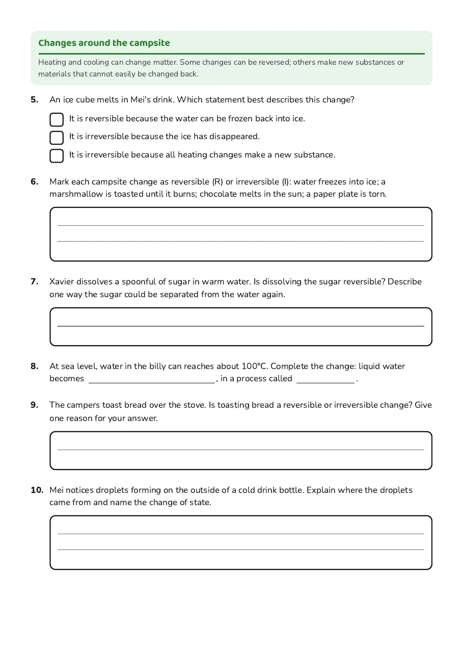 Matter Properties and Changes, page 2 of 2: Changes around the campsite