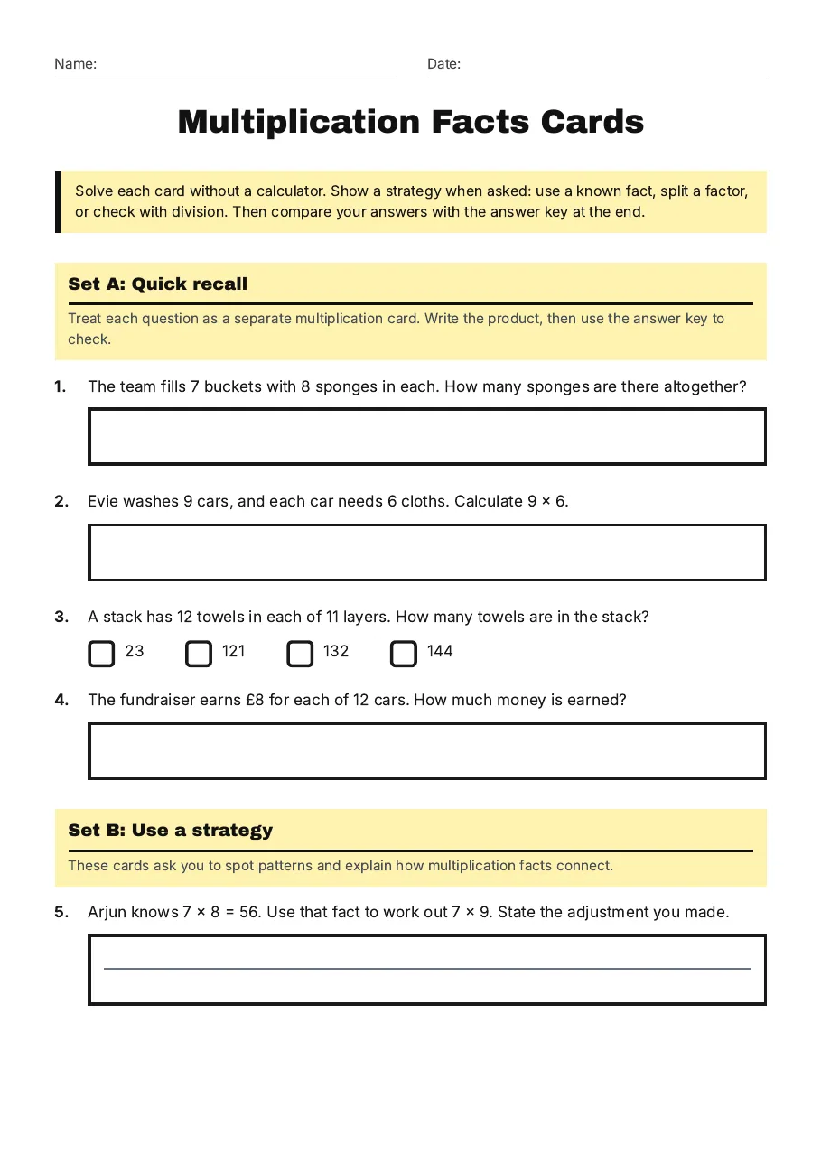 Multiplication Facts Cards, page 1 of 2: Set A: Quick recall, Set B: Use a strategy