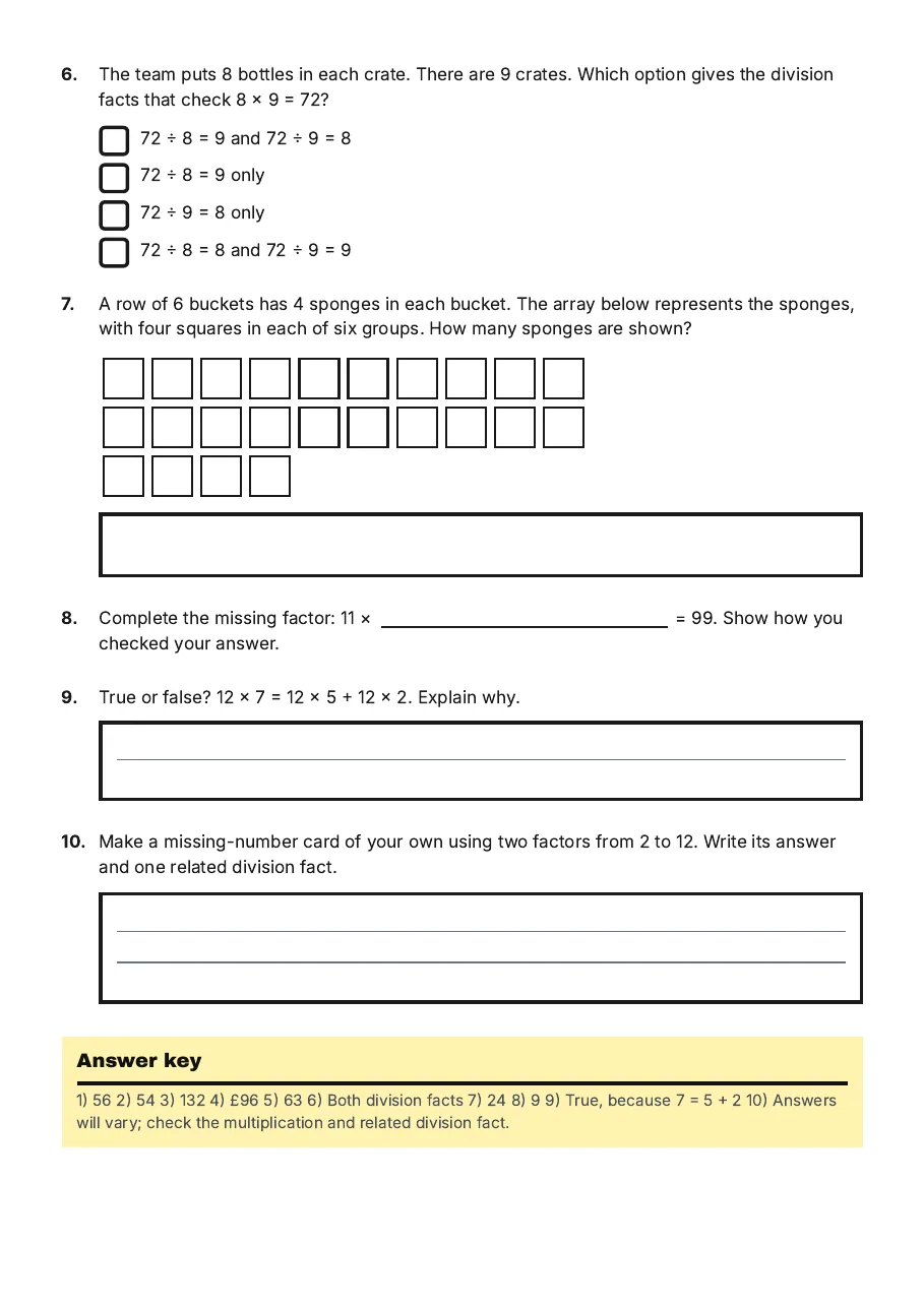 Multiplication Facts Cards, page 2 of 2: Answer key