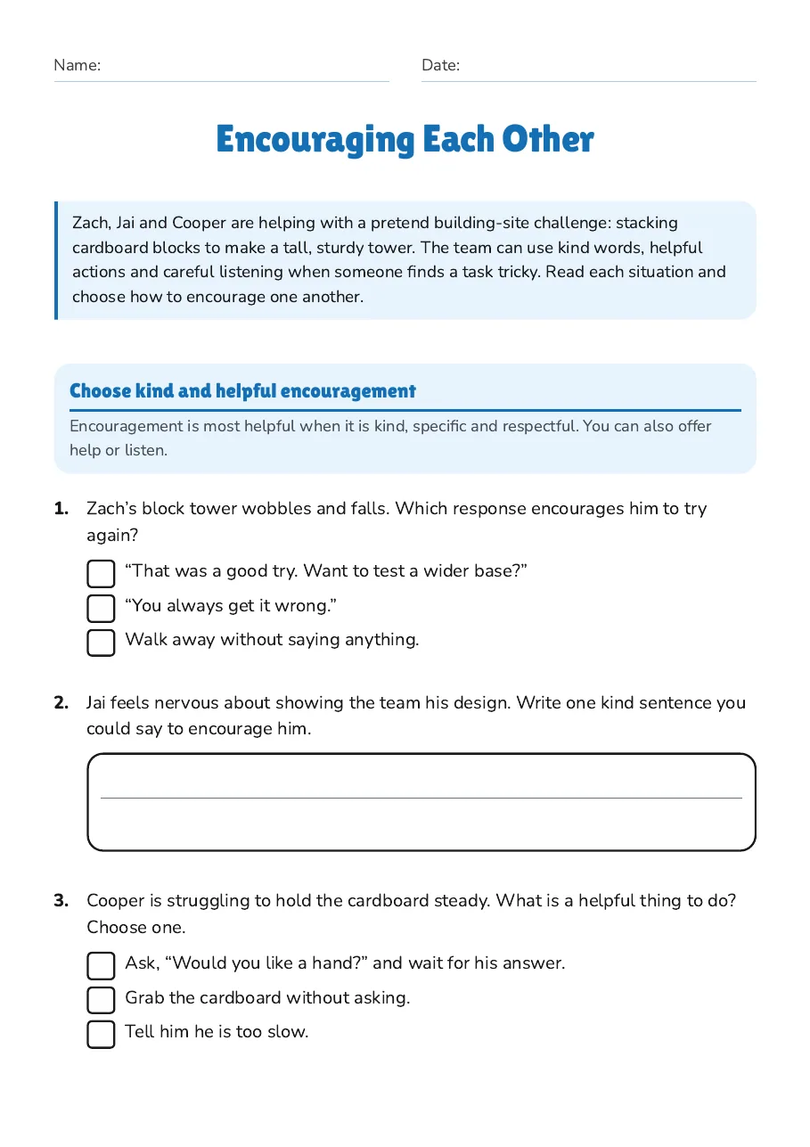 Encouraging Each Other, page 1 of 3: Choose kind and helpful encouragement