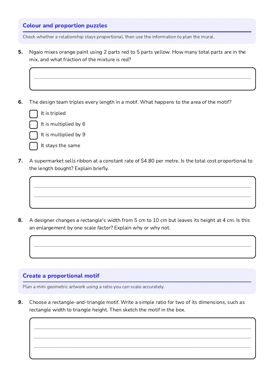 Proportional Reasoning Art Project, page 2 of 3: Colour and proportion puzzles, Create a proportional motif