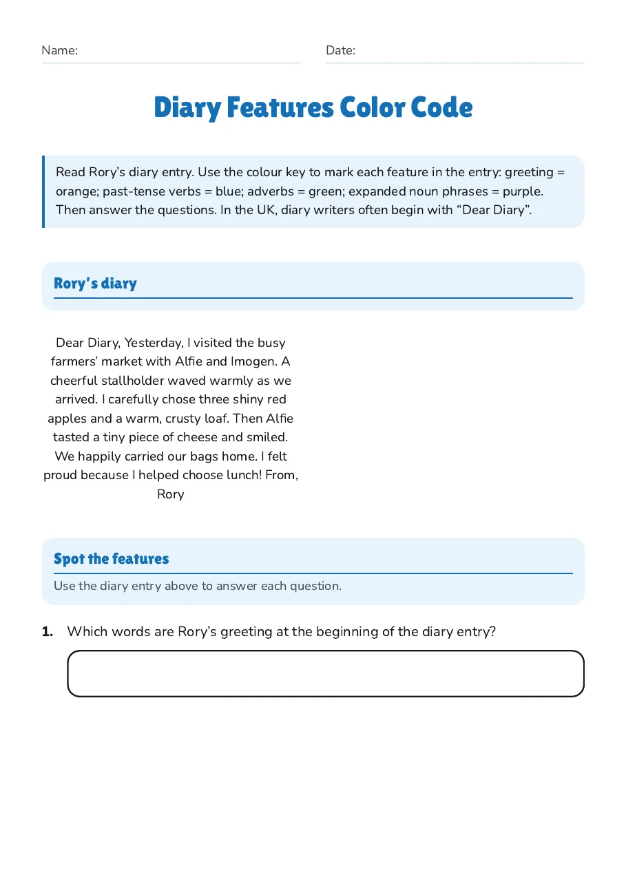 Diary Features Color Code, page 1 of 3: Rory’s diary, Spot the features