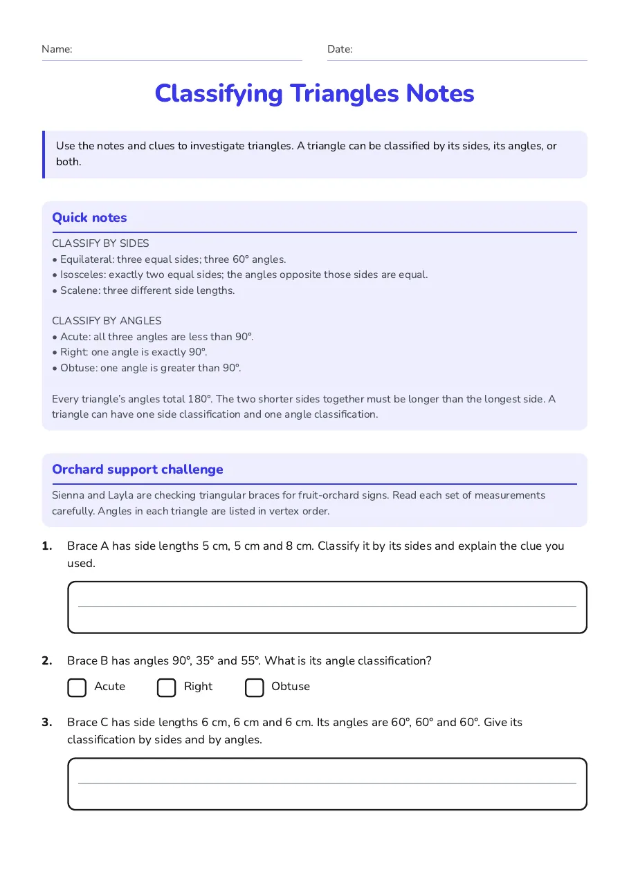 Classifying Triangles Notes, page 1 of 3: Quick notes, Orchard support challenge