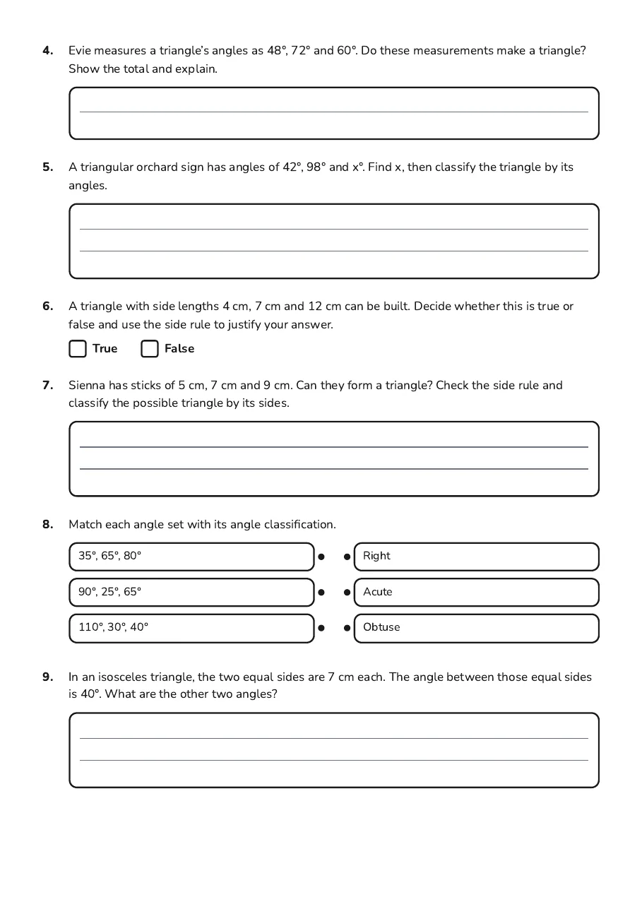Classifying Triangles Notes, page 2 of 3: 4. Evie measures a triangle’s angles as 48°, 72° and 60°. Do these measurements make a…