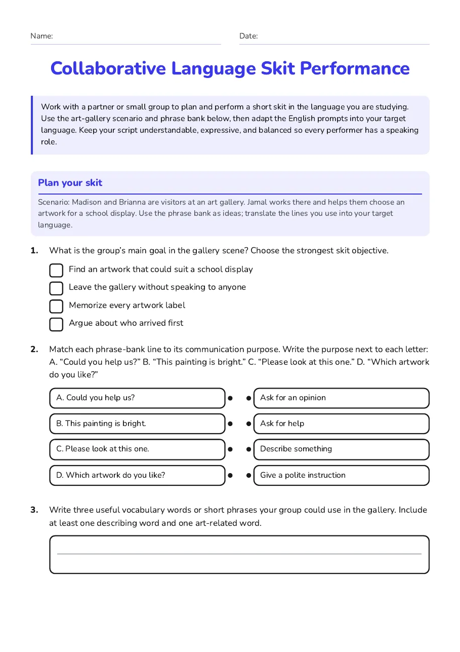 Collaborative Language Skit Performance, page 1 of 3: Plan your skit