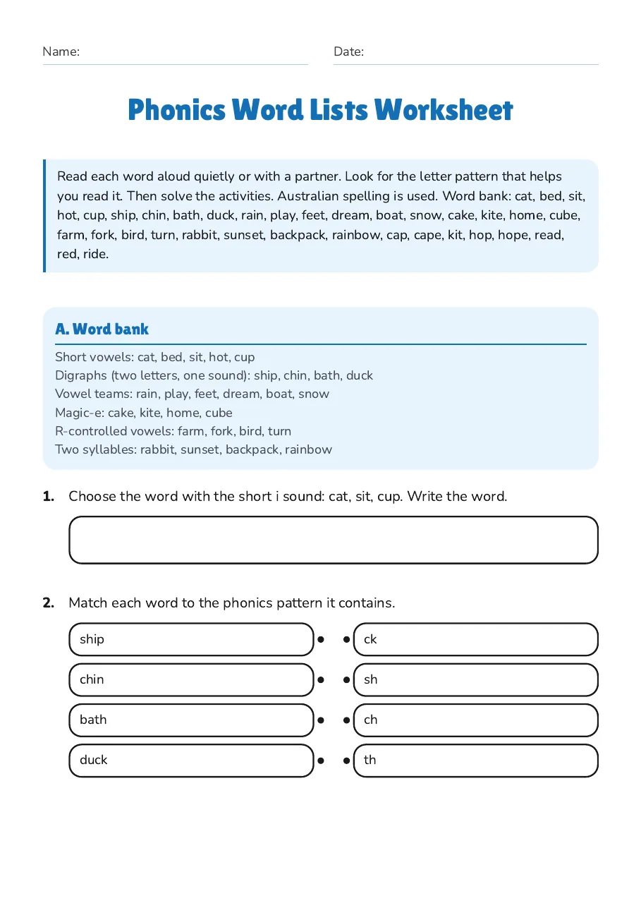 Phonics Word Lists Worksheet, page 1 of 3: A. Word bank