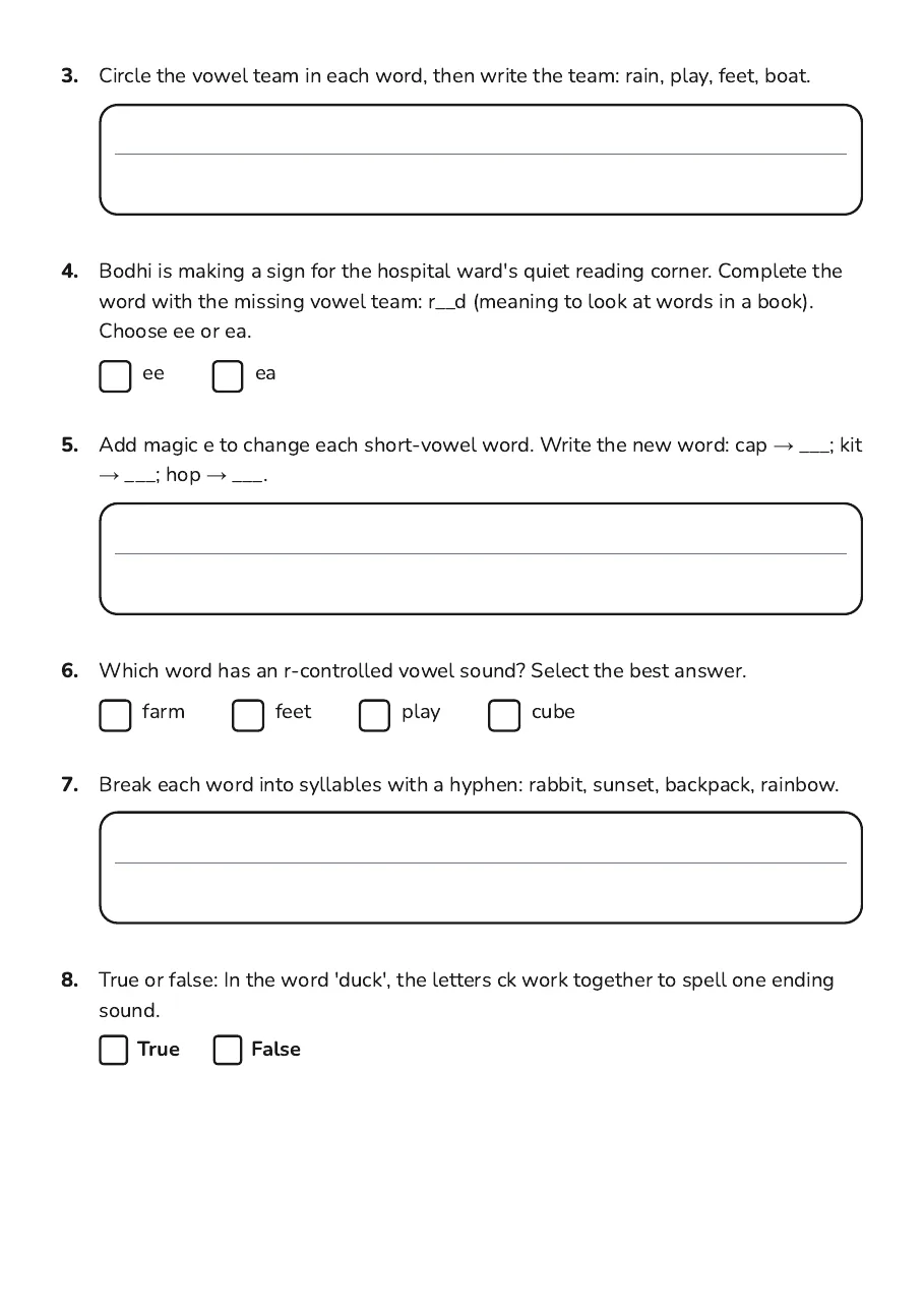 Phonics Word Lists Worksheet, page 2 of 3: 3. Circle the vowel team in each word, then write the team: rain, play, feet, boat.