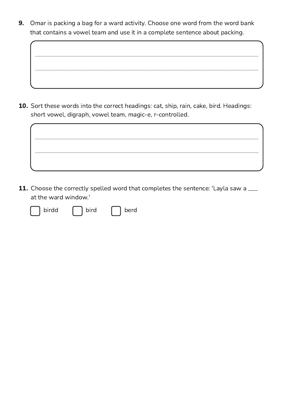 Phonics Word Lists Worksheet, page 3 of 3: 9. Omar is packing a bag for a ward activity. Choose one word from the word bank