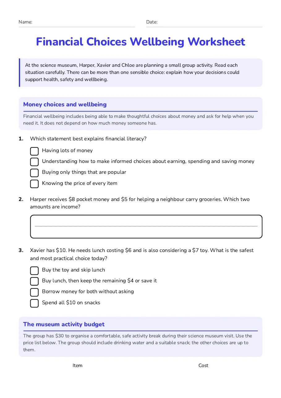 Financial Choices Wellbeing Worksheet, page 1 of 3: Money choices and wellbeing, The museum activity budget