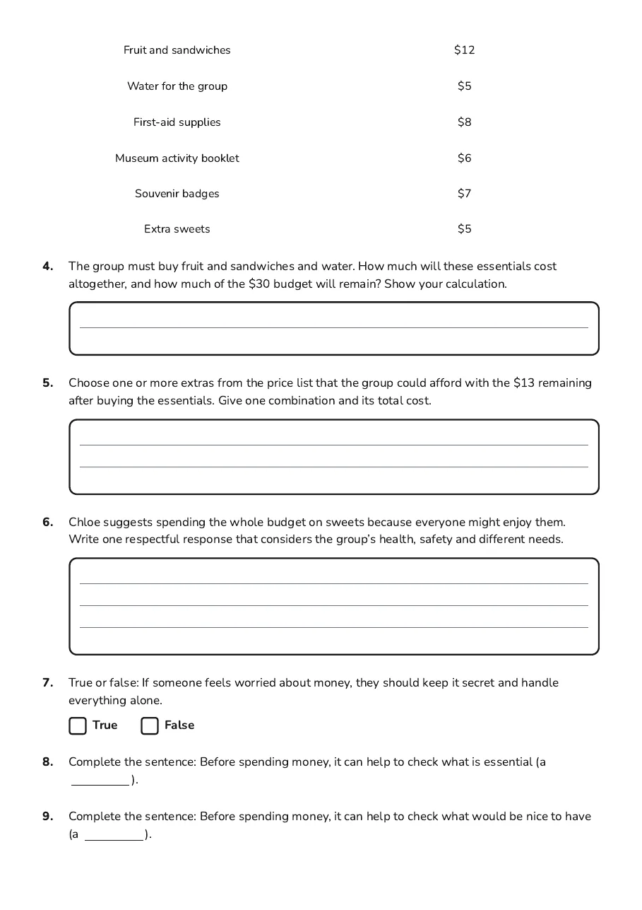Financial Choices Wellbeing Worksheet, page 2 of 3: Fruit and sandwiches $12