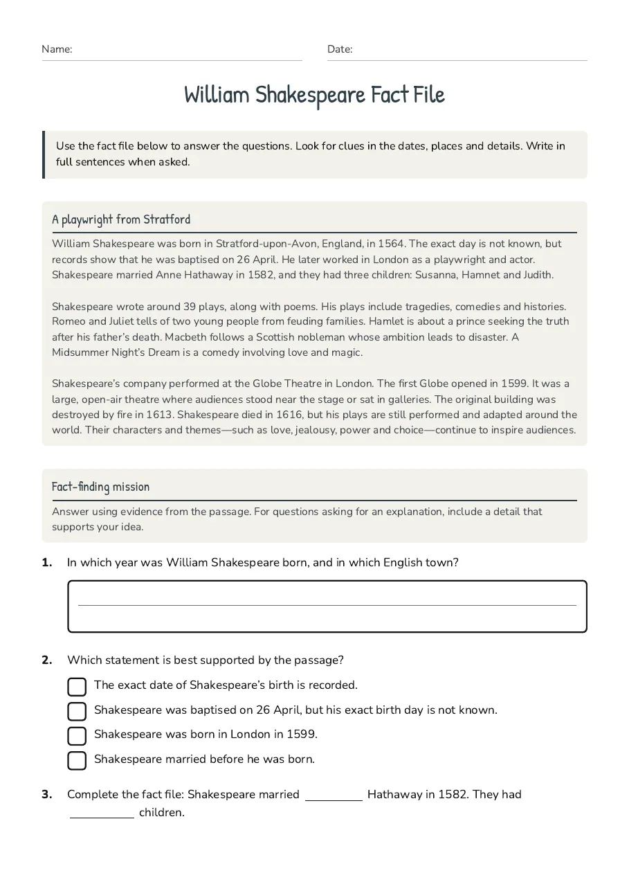 William Shakespeare Fact File, page 1 of 3: A playwright from Stratford, Fact-finding mission
