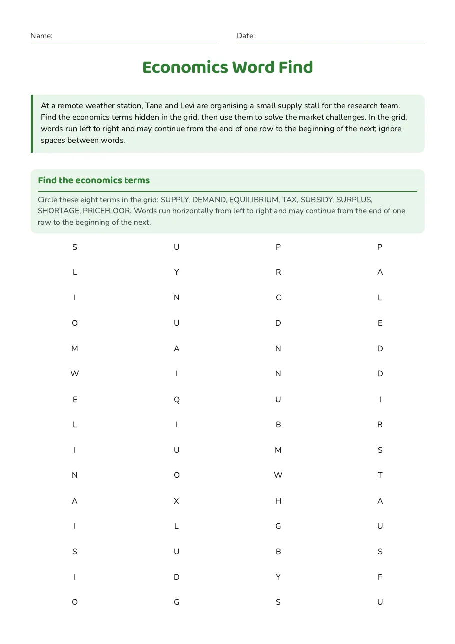 Economics Word Find, page 1 of 3: Find the economics terms