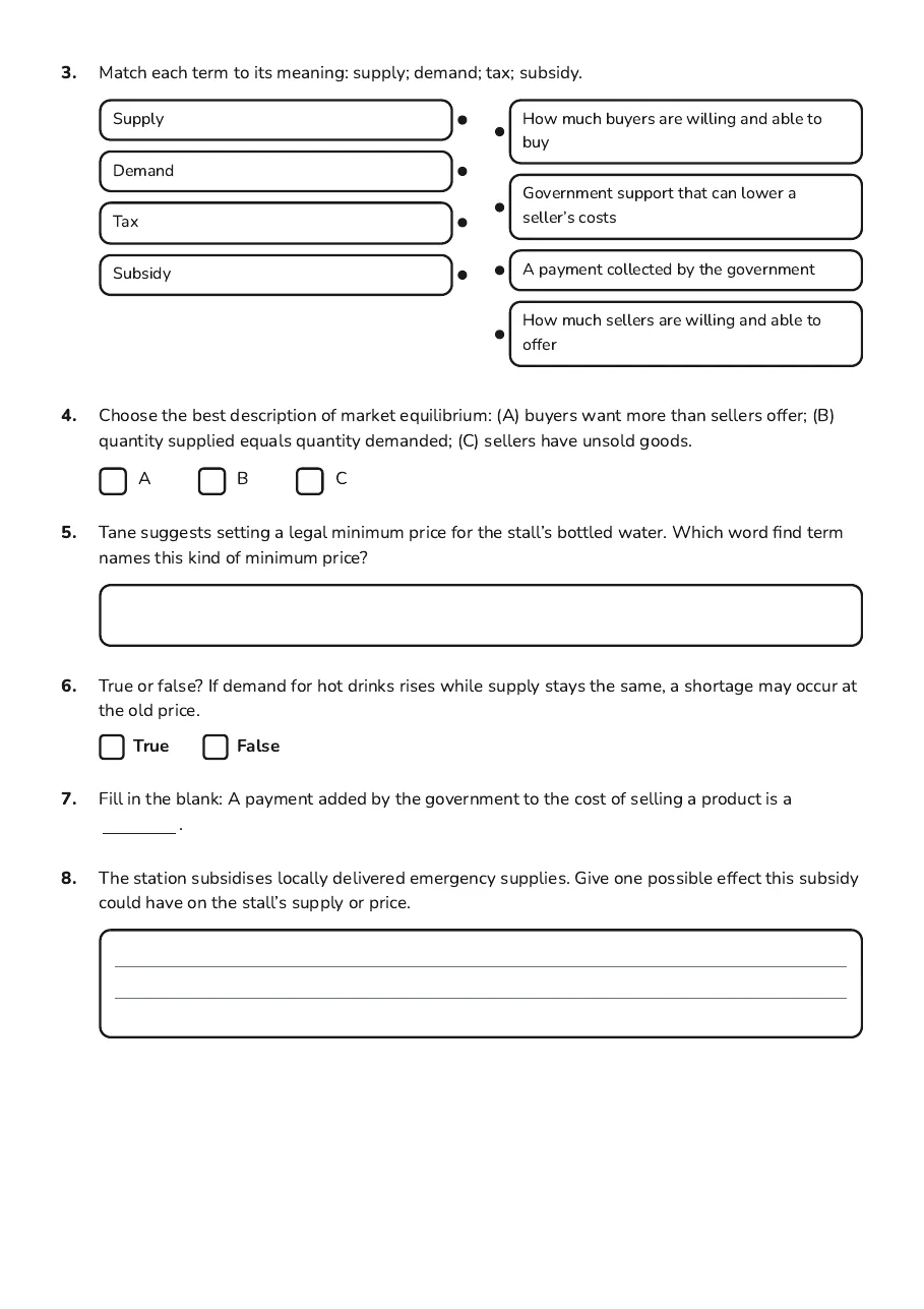 Economics Word Find, page 3 of 3: 3. Match each term to its meaning: supply; demand; tax; subsidy.