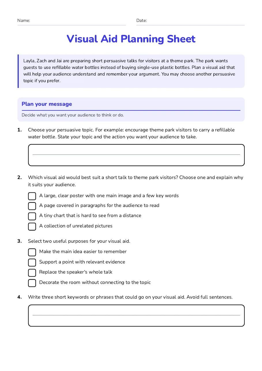 Visual Aid Planning Sheet, page 1 of 3: Plan your message