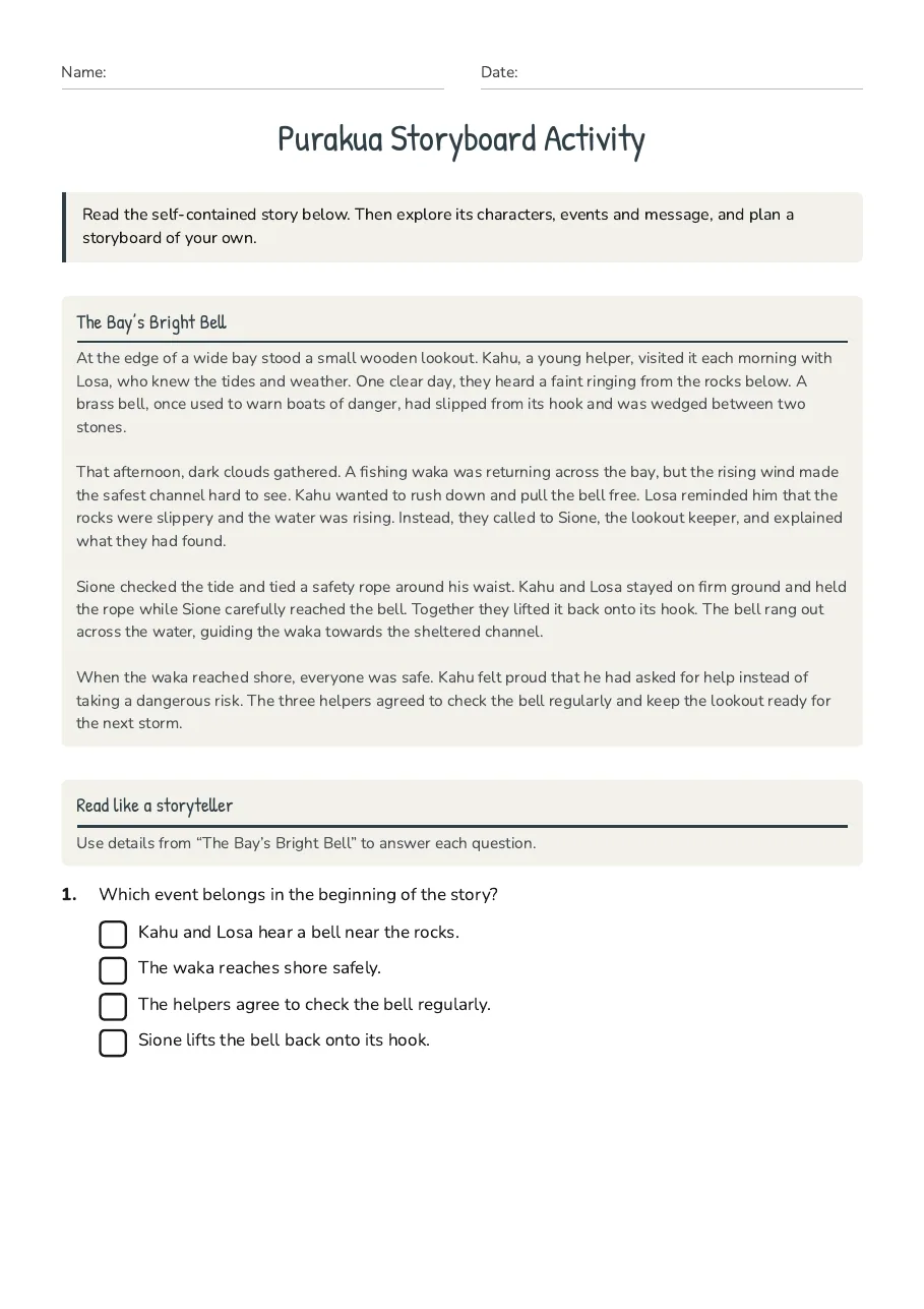 Purakua Storyboard Activity, page 1 of 3: The Bay’s Bright Bell, Read like a storyteller