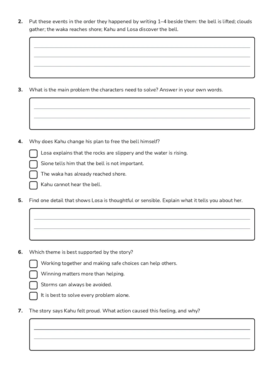 Purakua Storyboard Activity, page 2 of 3: 2. Put these events in the order they happened by writing 1–4 beside them: the bell is…