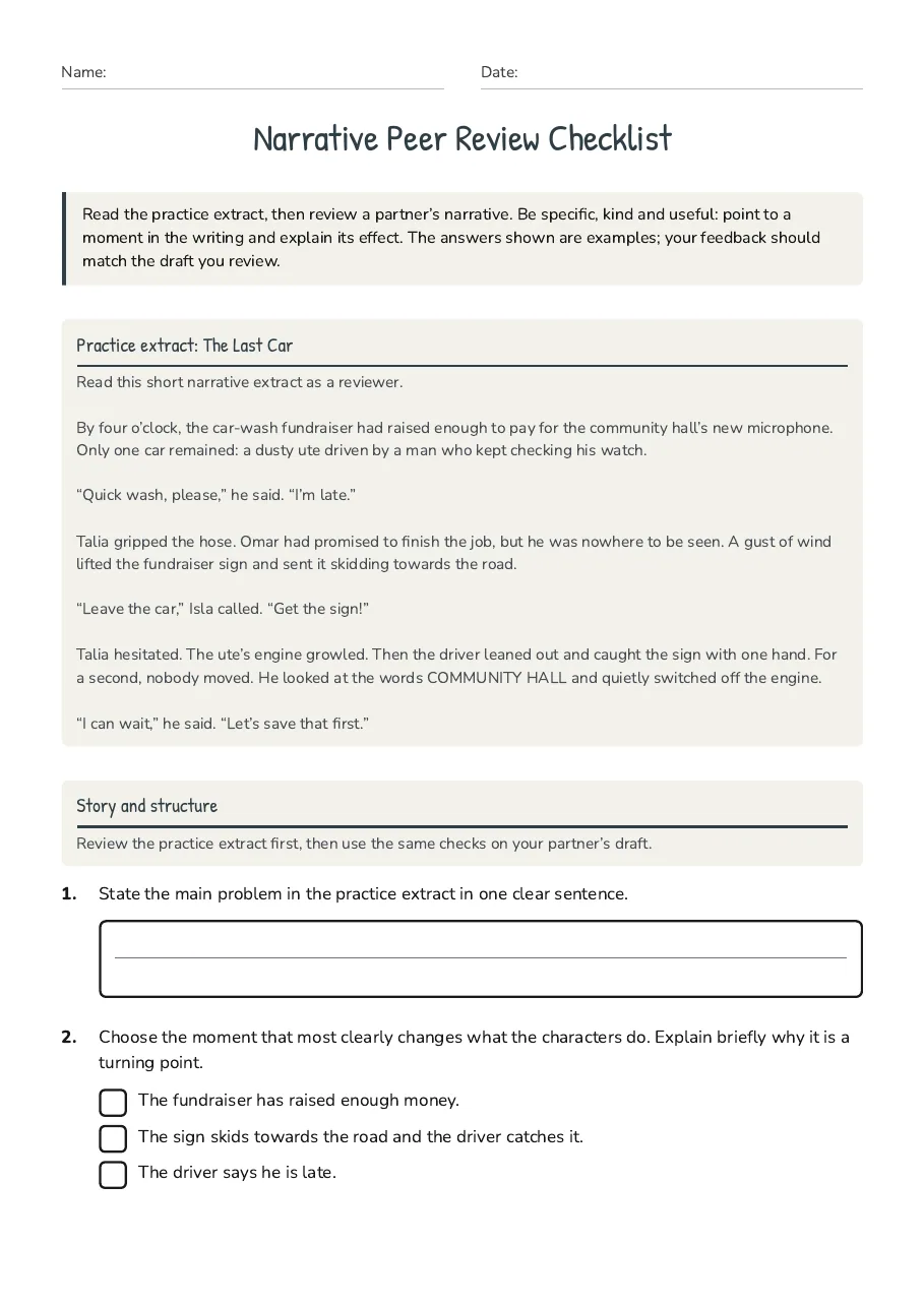 Narrative Peer Review Checklist, page 1 of 3: Practice extract: The Last Car, Story and structure
