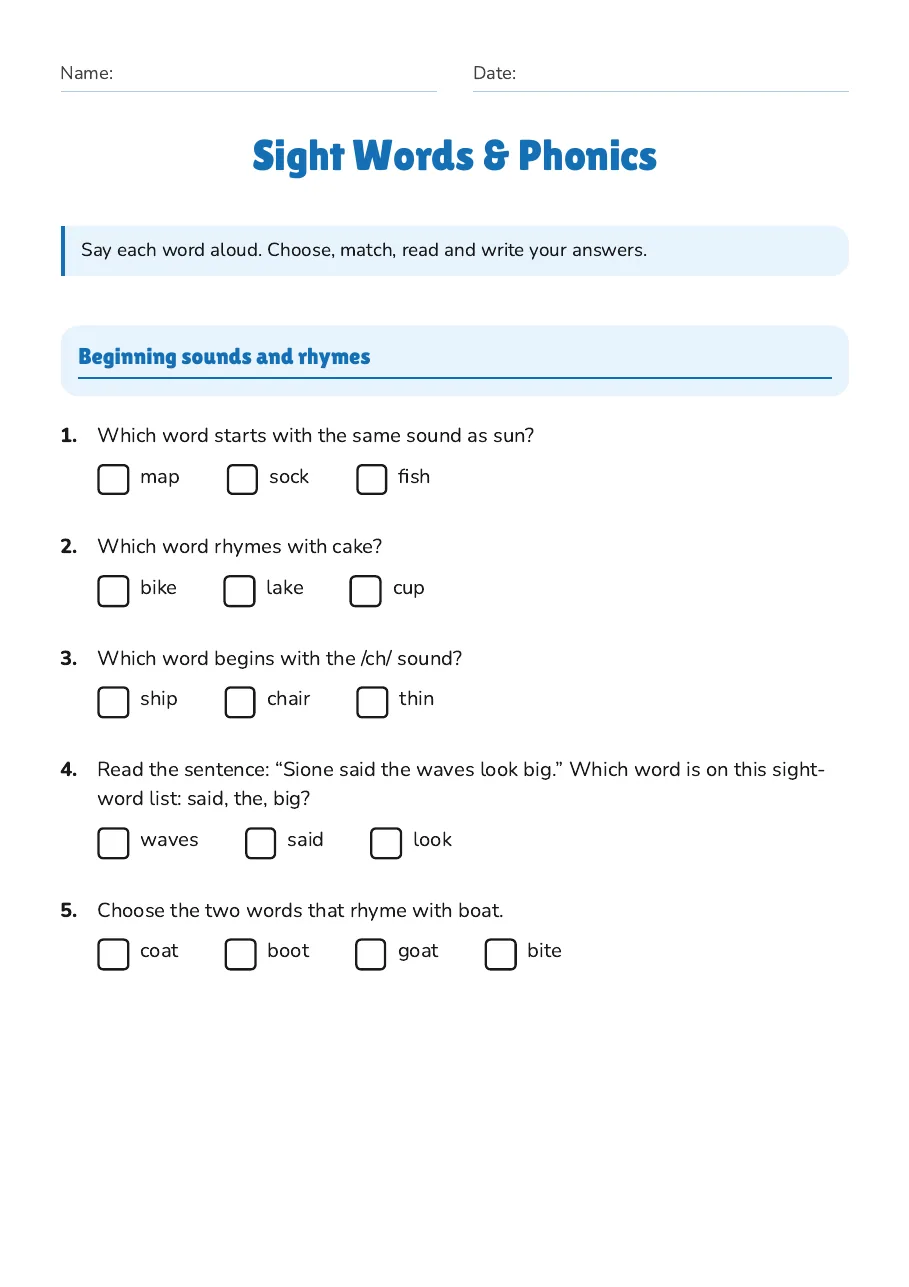 Sight Words & Phonics, page 1 of 3: Beginning sounds and rhymes