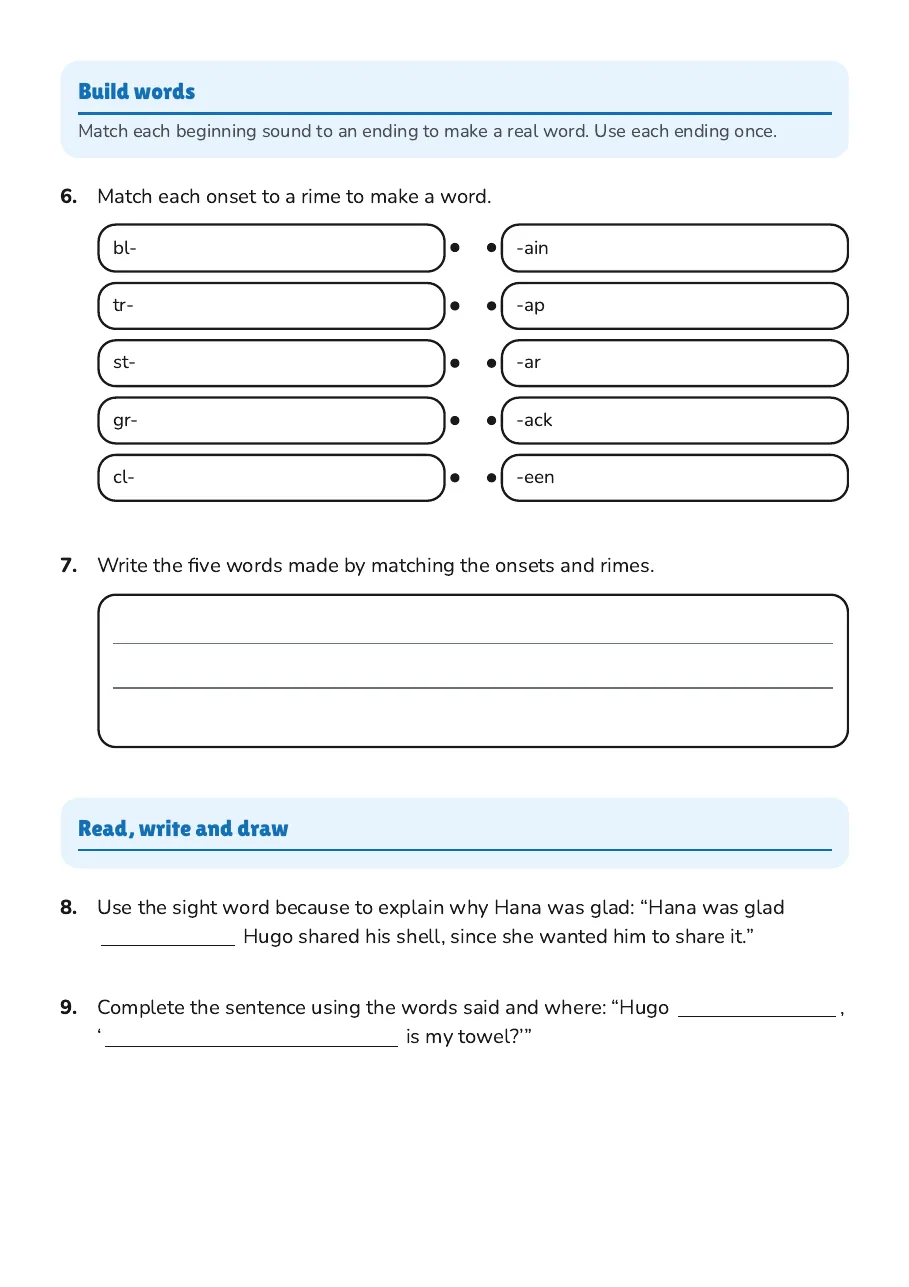 Sight Words & Phonics, page 2 of 3: Build words, Read, write and draw