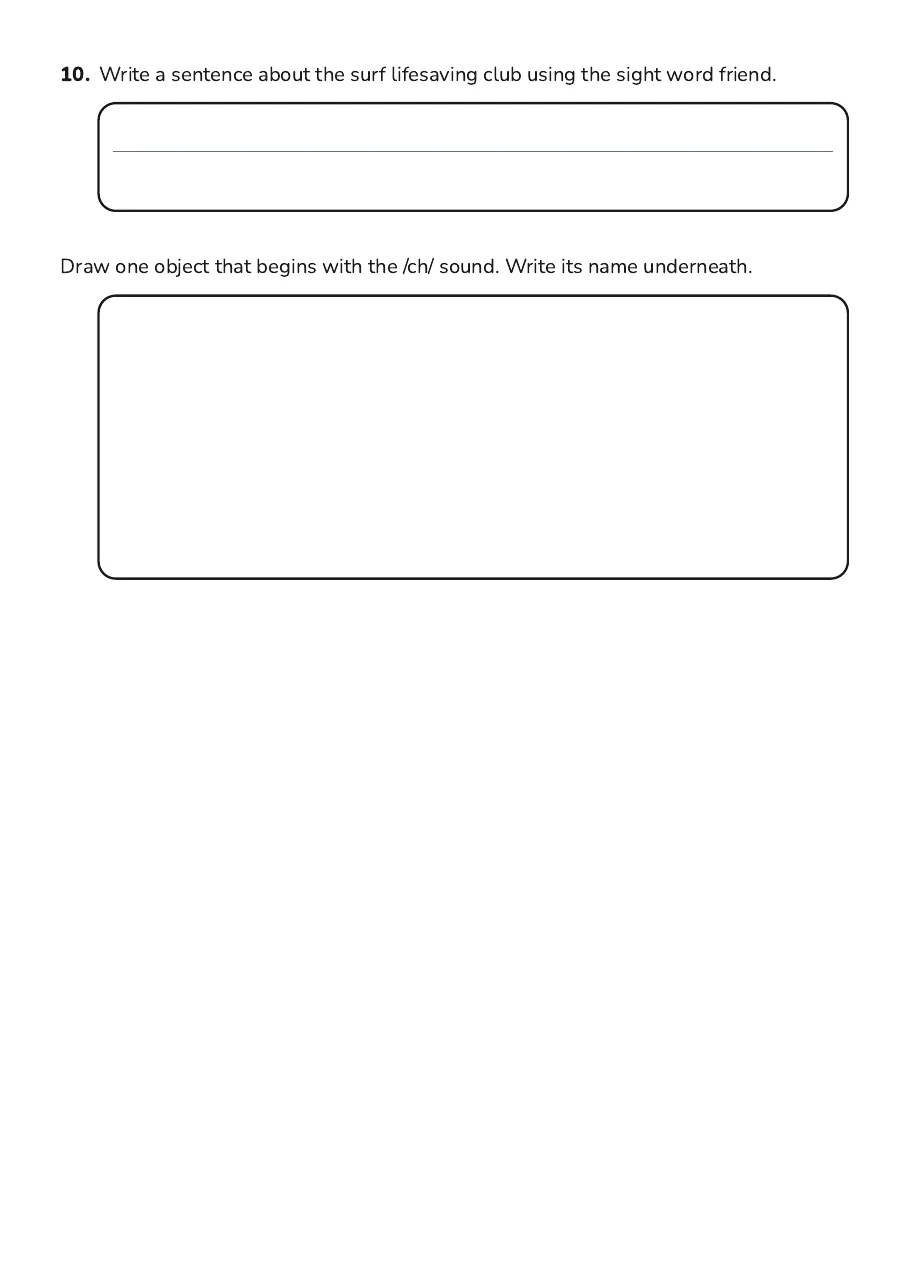 Sight Words & Phonics, page 3 of 3: 10. Write a sentence about the surf lifesaving club using the sight word friend.